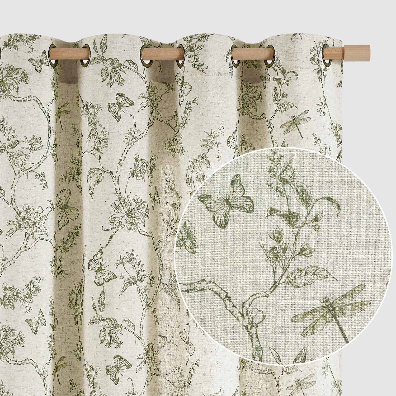 Lazzzy green floral linen curtains 84-inch with soft light filtering for living rooms.