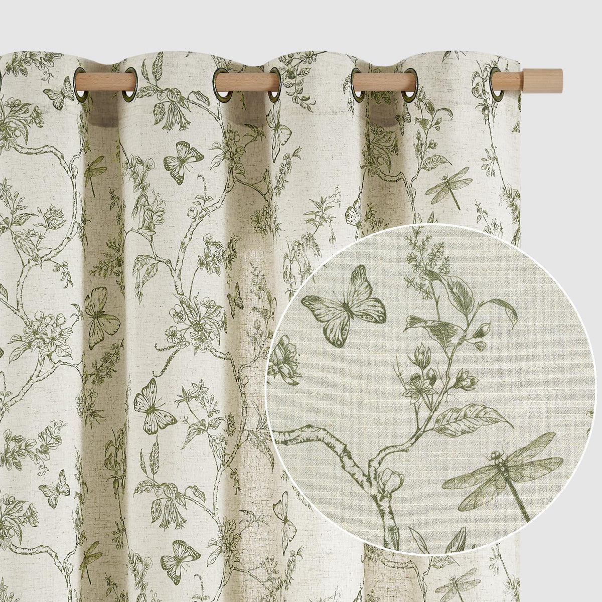 Lazzzy green floral linen curtains 84-inch with soft light filtering for living rooms.