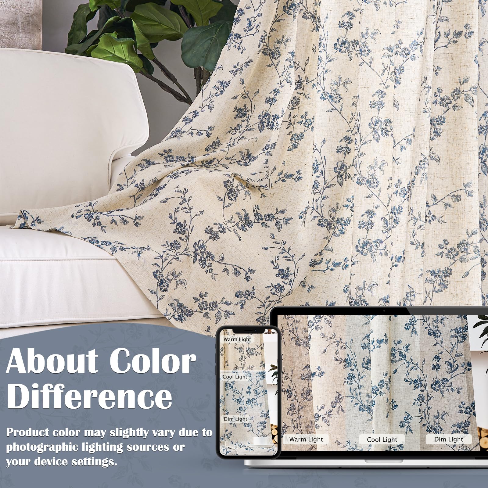 Blue floral linen curtains on beige background for cozy decor