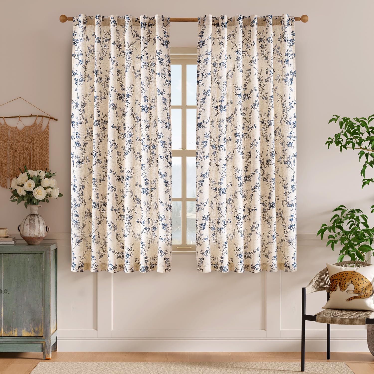 Close-up of the linen texture on Lazzzy blue floral curtains