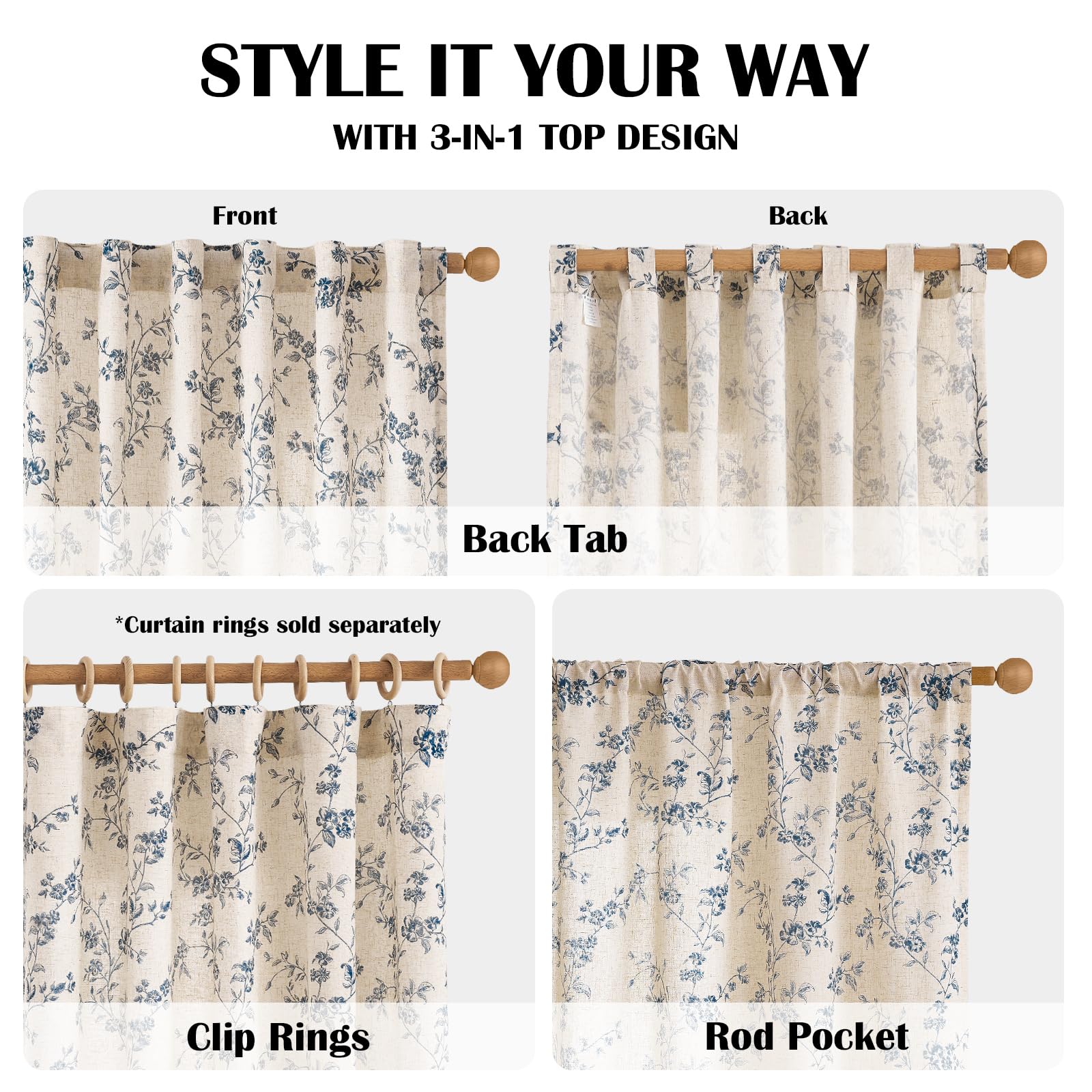Rod pocket option on Lazzzy blue floral curtains for easy mounting