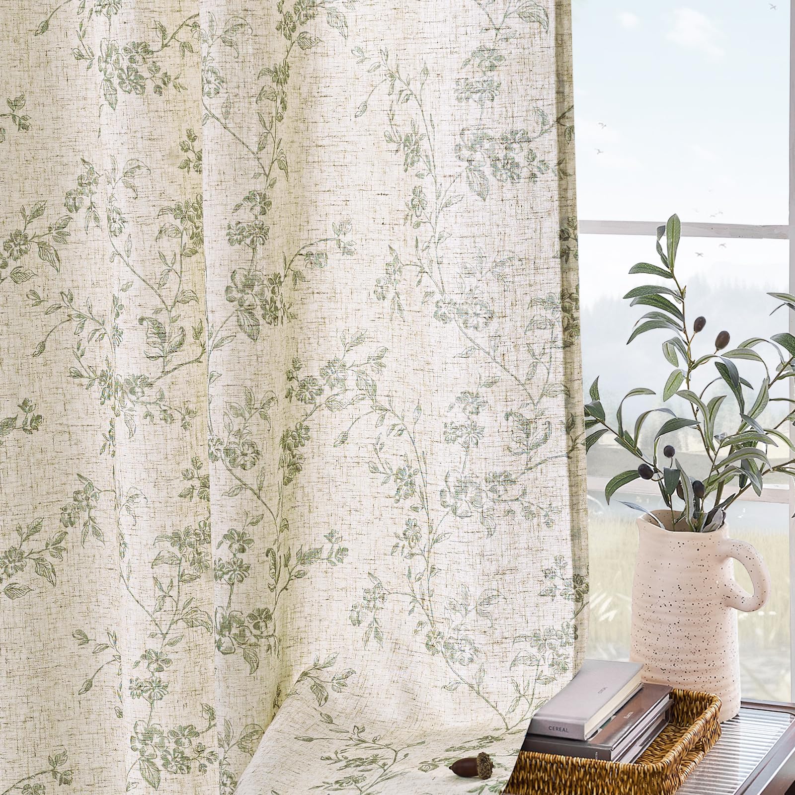 Lazzzy linen farmhouse curtains green floral print evokes woodland inspiration at home
