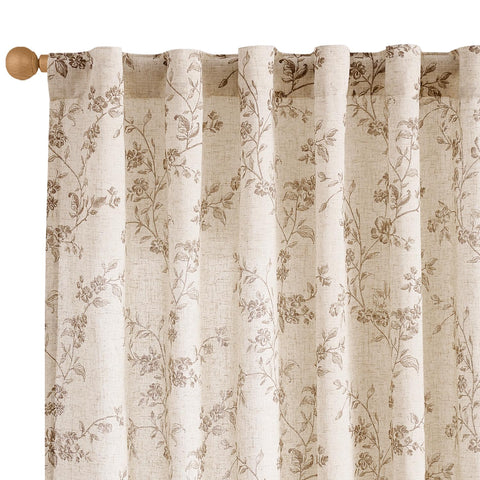 Lazzzy Linen Farmhouse Curtains taupe floral close-up shows texture and light filtering