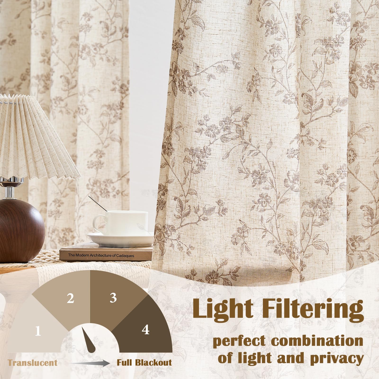 Lazzzy Linen Farmhouse Curtains taupe floral living room setup enhances soft light and style