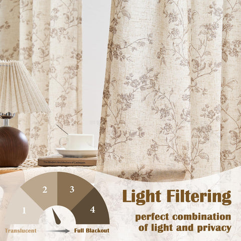 Lazzzy Linen Farmhouse Curtains taupe floral living room setup enhances soft light and style
