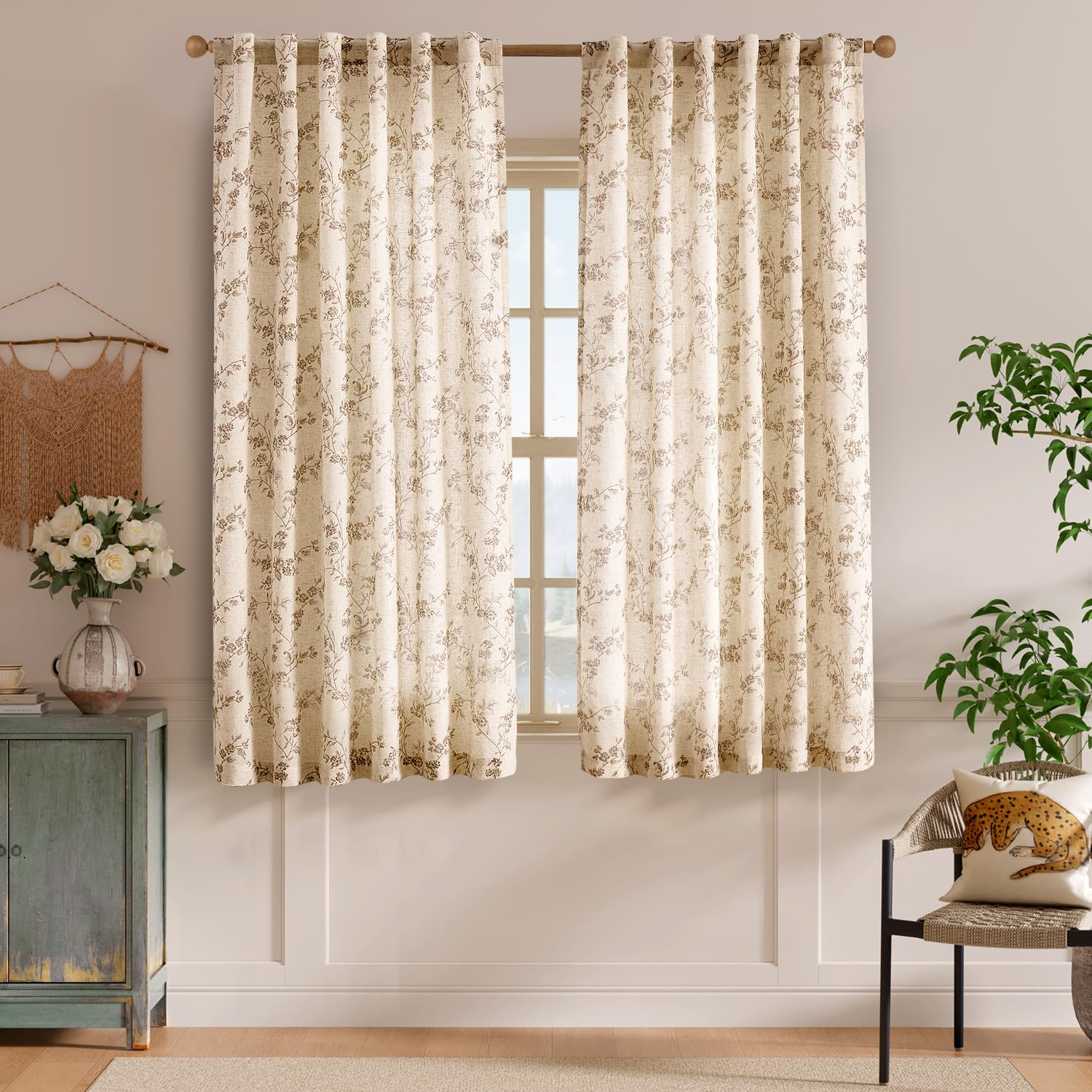 Lazzzy Linen Farmhouse Curtains taupe floral window view demonstrates airy aesthetics and privacy