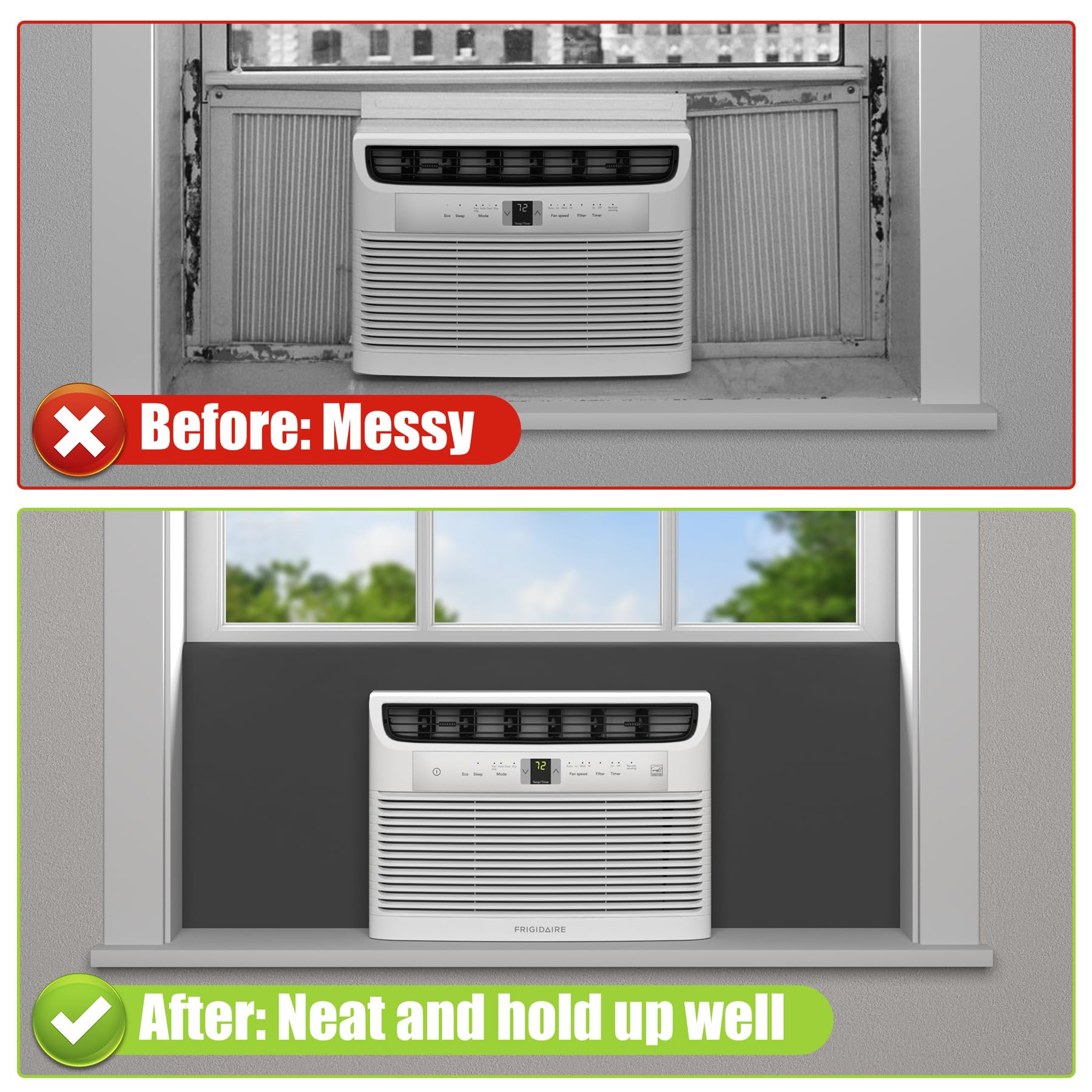 LBG Products easy-install window AC side panel with double-sided tape for quick setup.