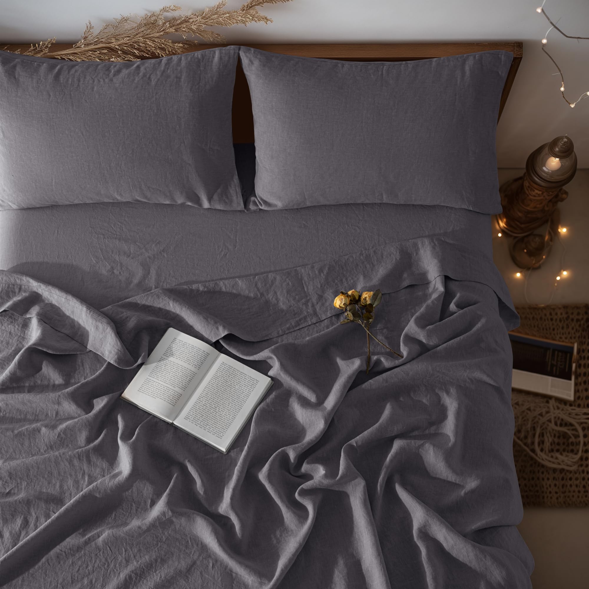 LBRO2M 100% linen sheet set in dark grey for king beds, breathable and versatile.