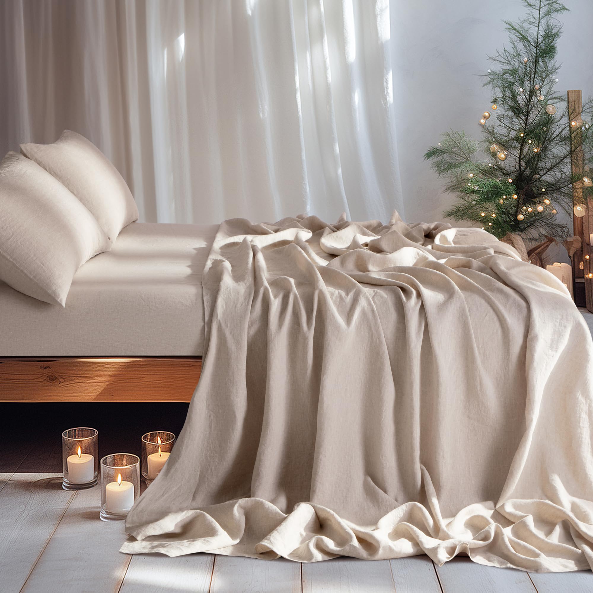 LBRO2M natural flax color linen on bed setting for all-season comfort