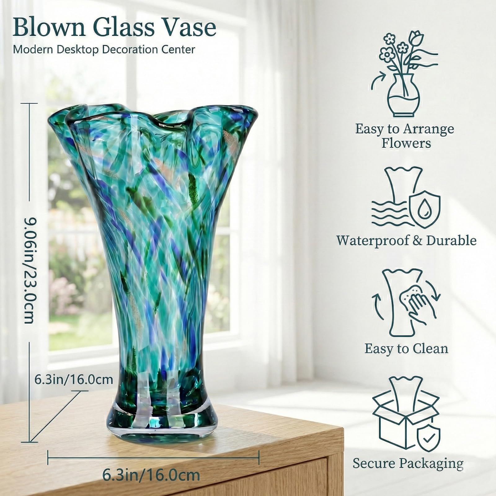LCCCK hand-blown teal vase showcases craftsmanship and color in modern home decor.