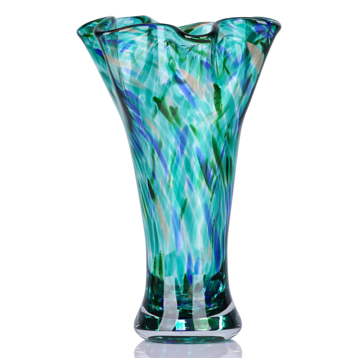 LCCCK teal glass vase with wide mouth for vibrant floral displays in living rooms.