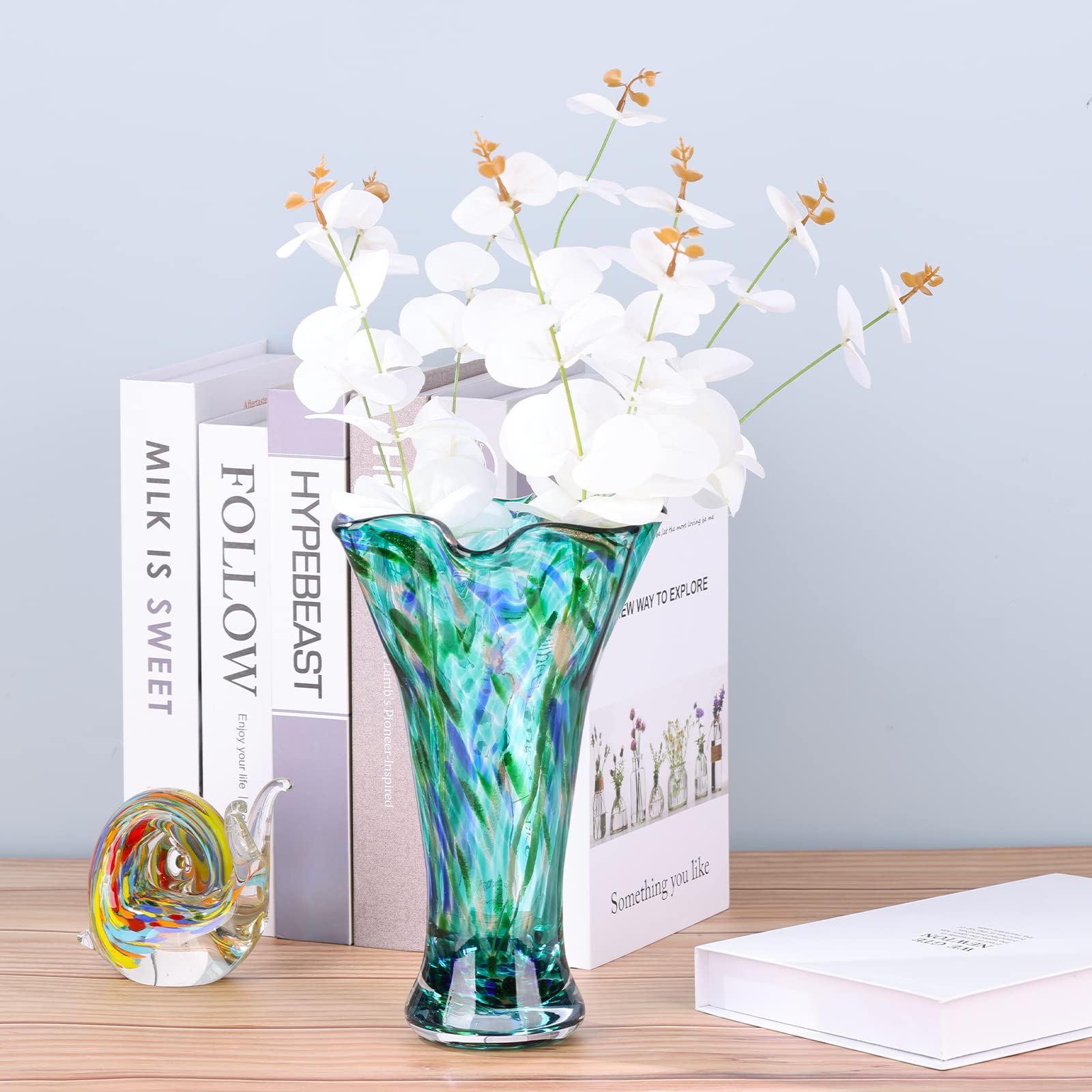 LCCCK vibrant teal vase complements living rooms, offices, and studios.