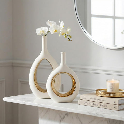 LCCCK white and gold ellipse hollow vase small on a table
