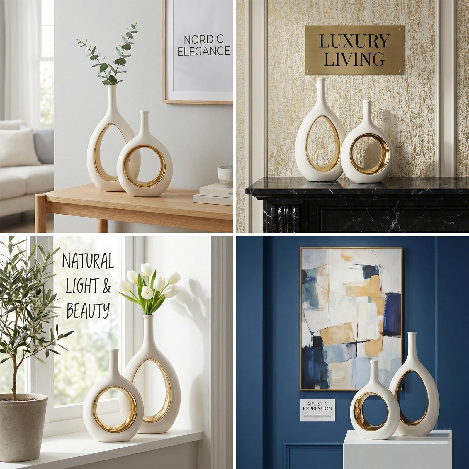 LCCCK minimalist shelf display with ellipse hollow vases
