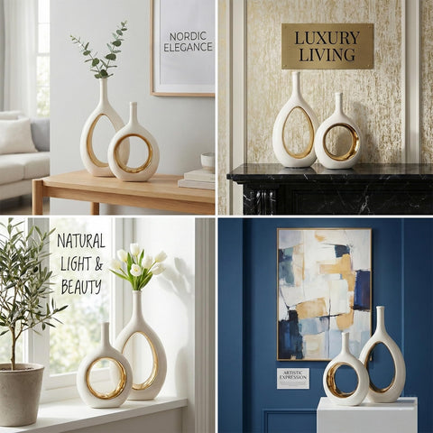 LCCCK minimalist shelf display with ellipse hollow vases