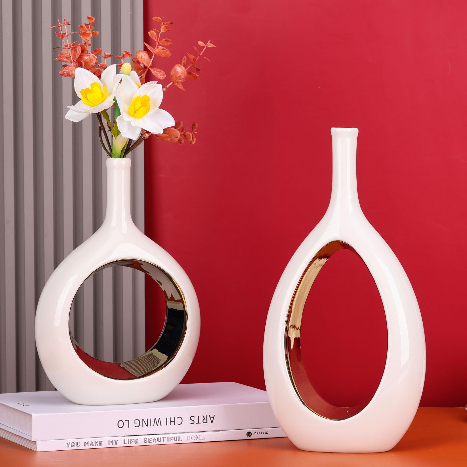 LCCCK vase pair with faux flowers for year round charm