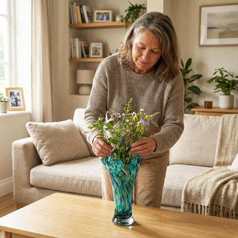 LCCCK wide-mouth petal vase facilitates easy arranging of fresh blooms.