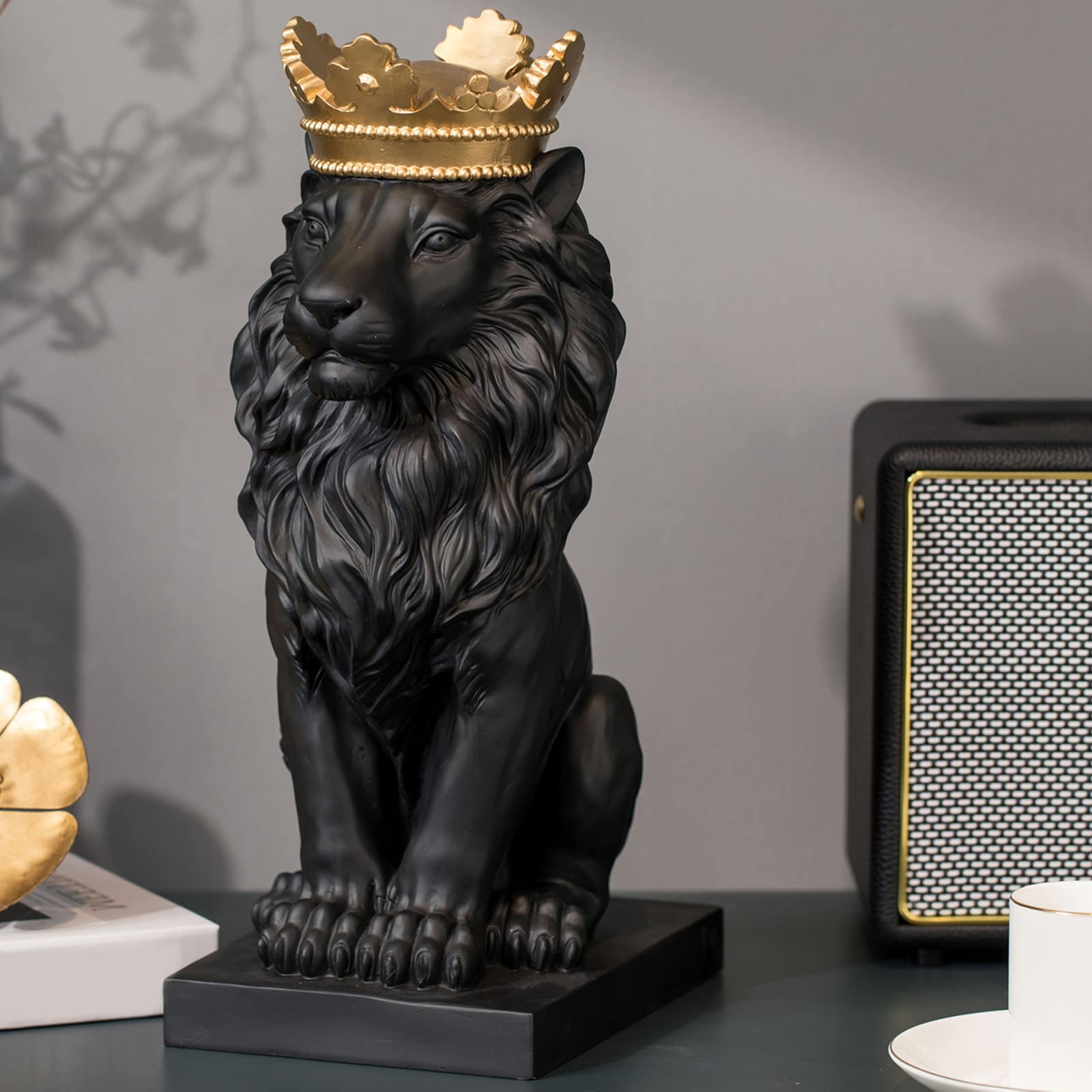 LCdecohome lion statue with gold crown enhances regal desk decor