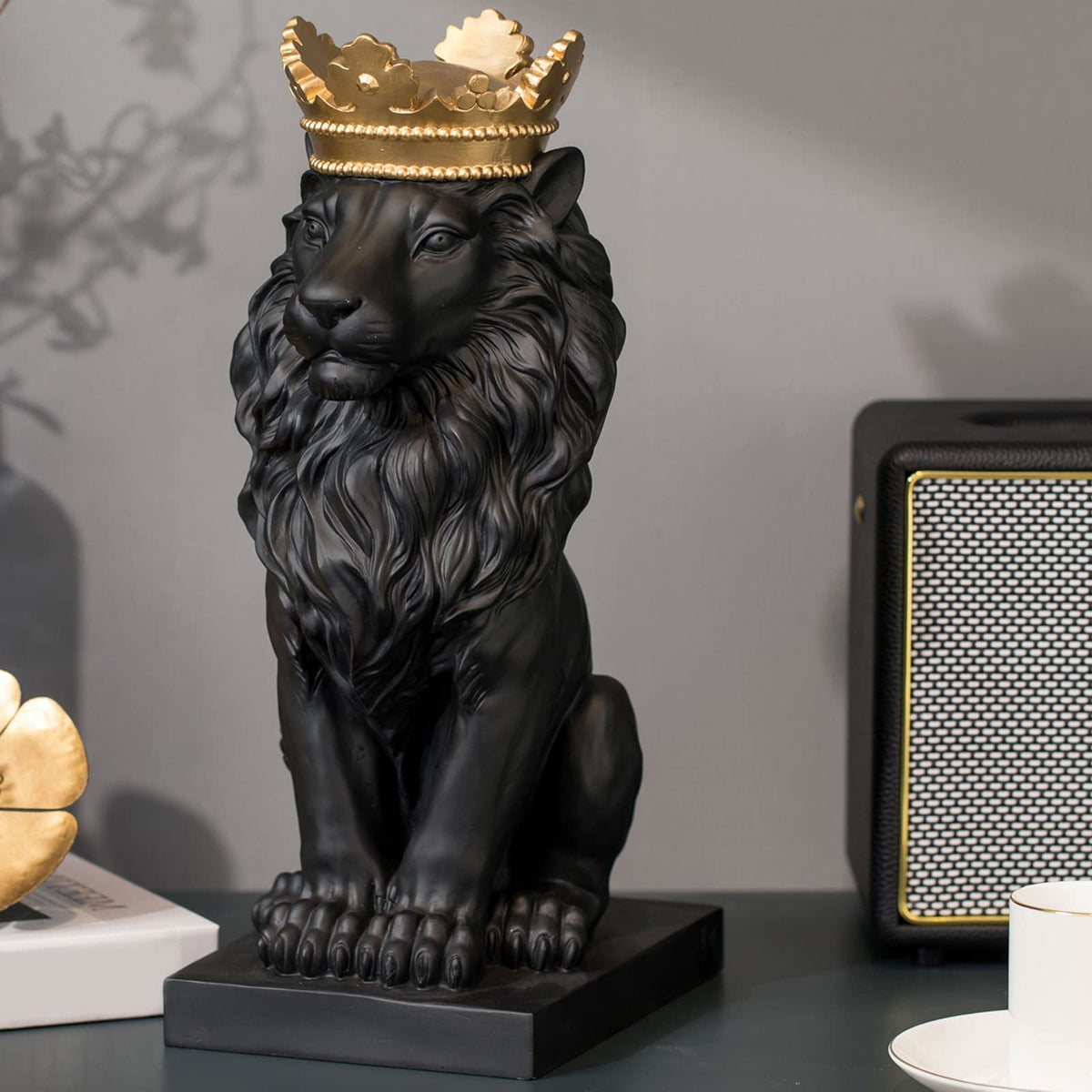 LCdecohome lion statue with gold crown enhances regal desk decor
