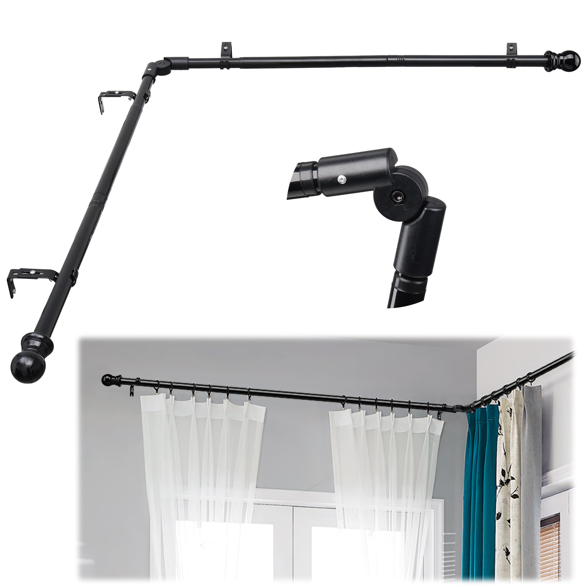 Lcokeiy corner rod with elbow connector for versatile bay window setups.