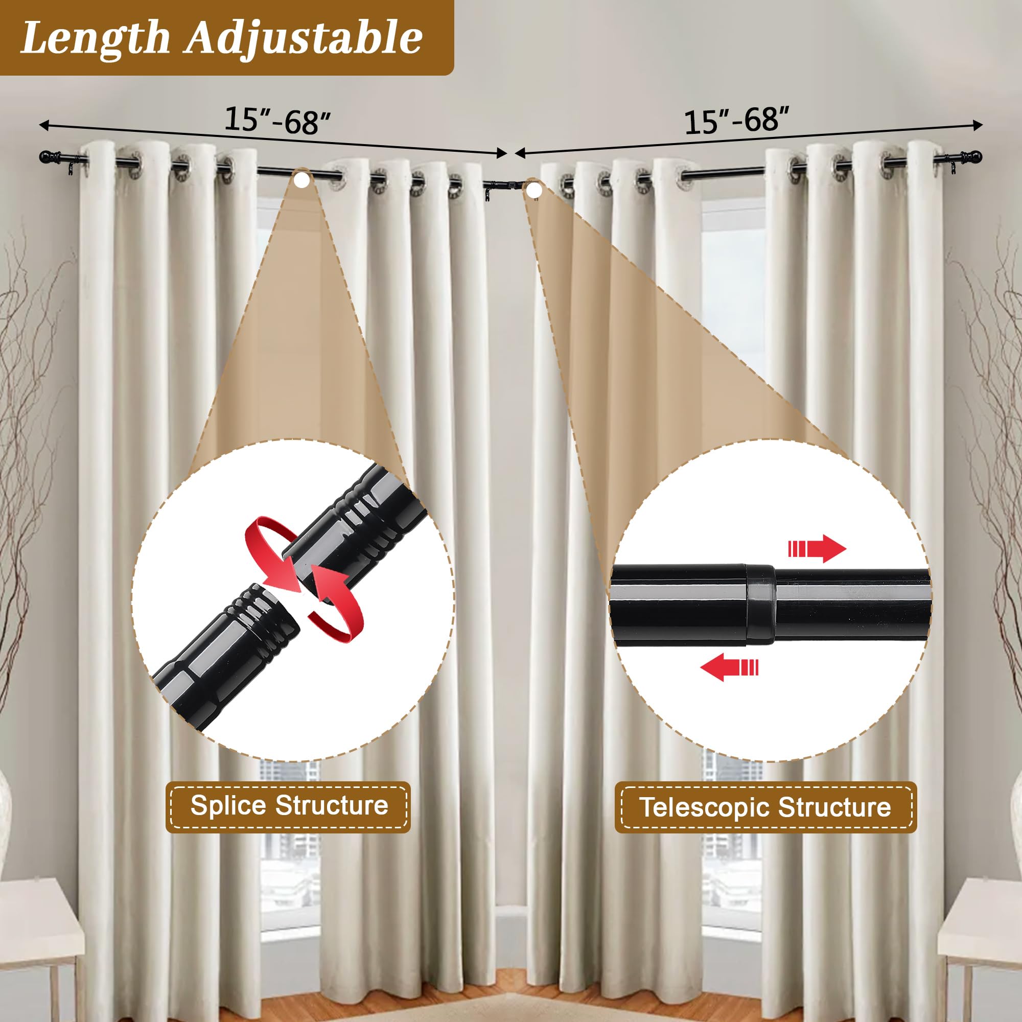 Lcokeiy length-adjustable rod fits windows from 30 to 136 inches.