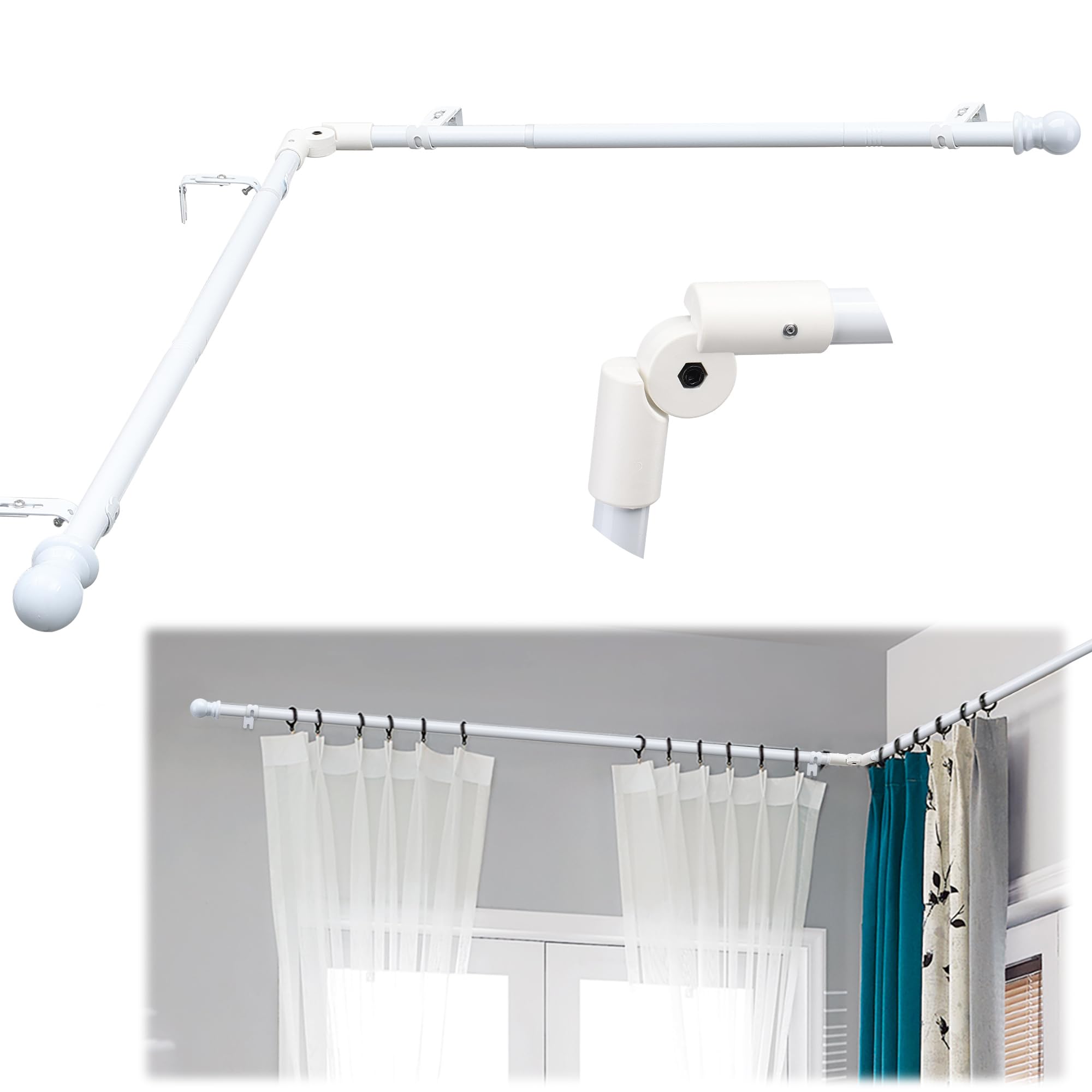 Lcokeiy white steel corner curtain rod in 30-136 inch length with a sleek corner fit and light control.