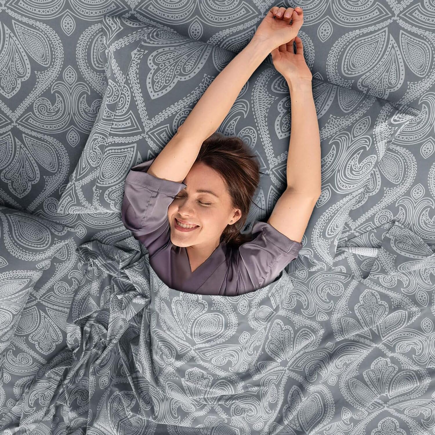 LDC Lux Decor grey Paisley pattern queen sheets add stylish warmth for cozy nights.
