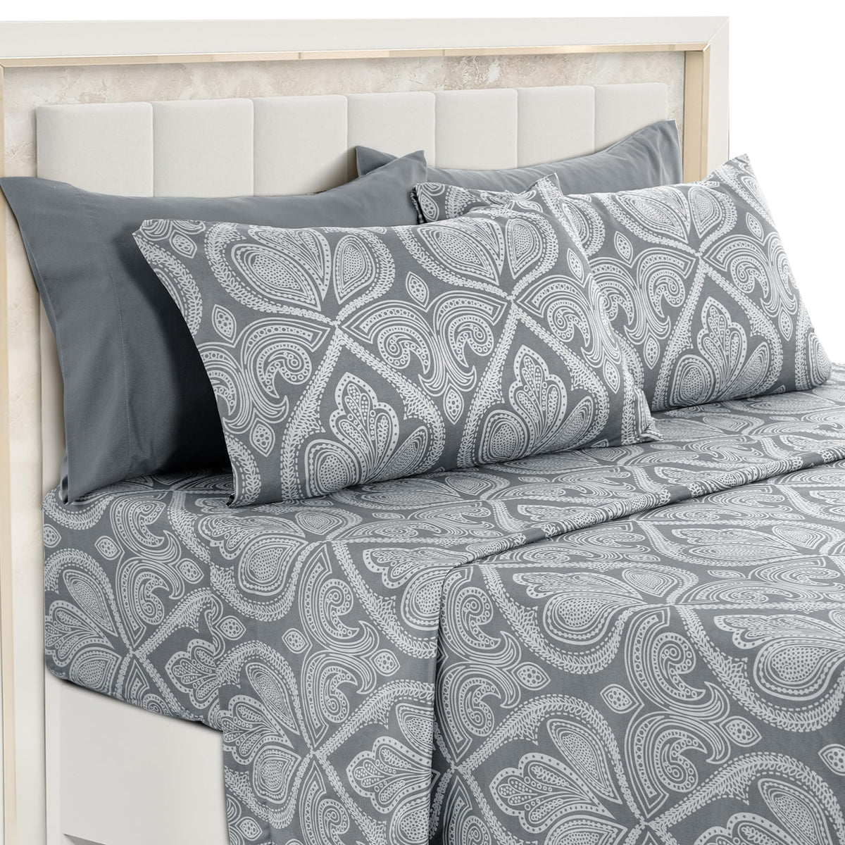 LDC Lux Decor ultra-soft microfiber Paisley queen sheet set delivers breathable nightly comfort.
