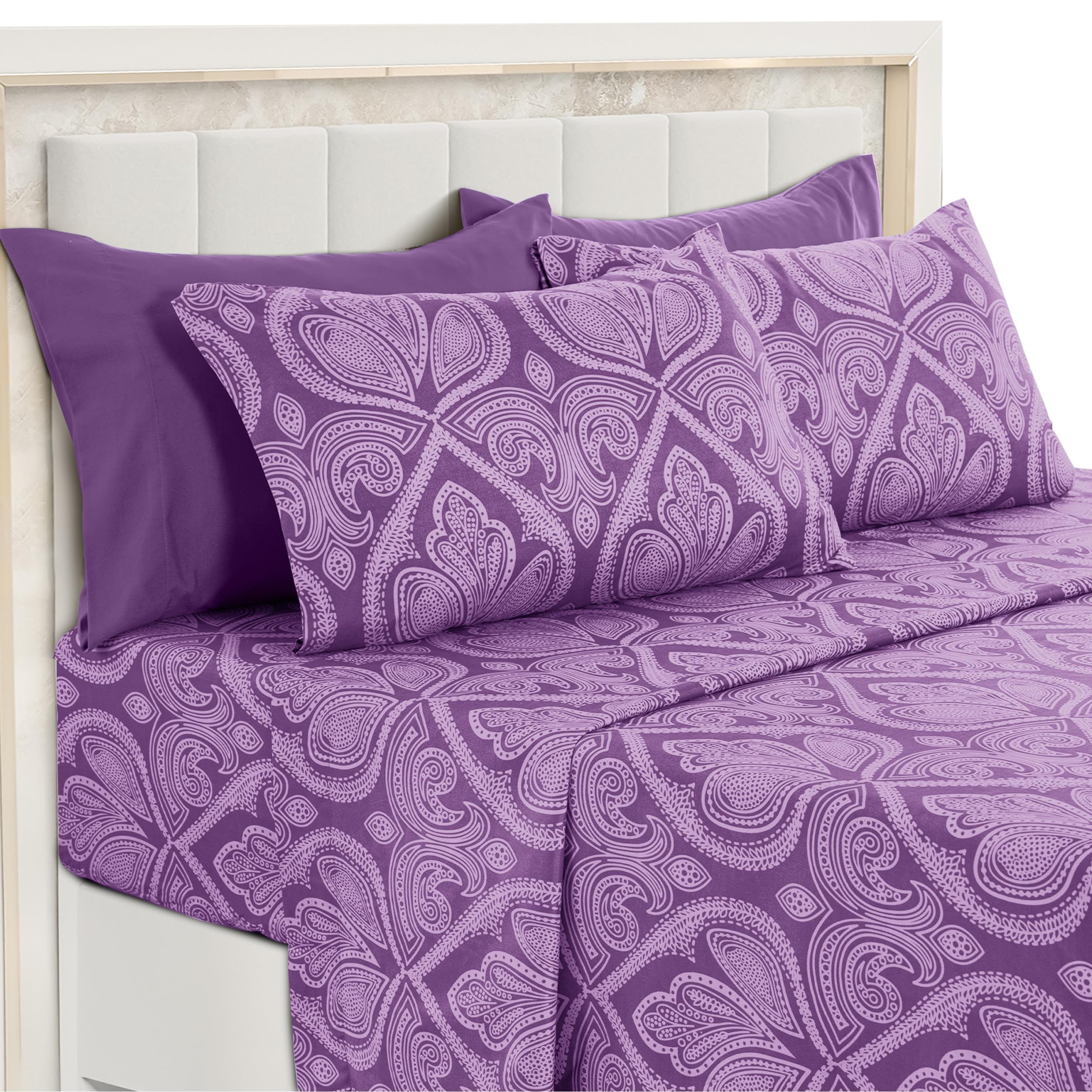 LDC Lux Decor Ultra Soft microfiber queen sheet set in purple paisley for daily comfort