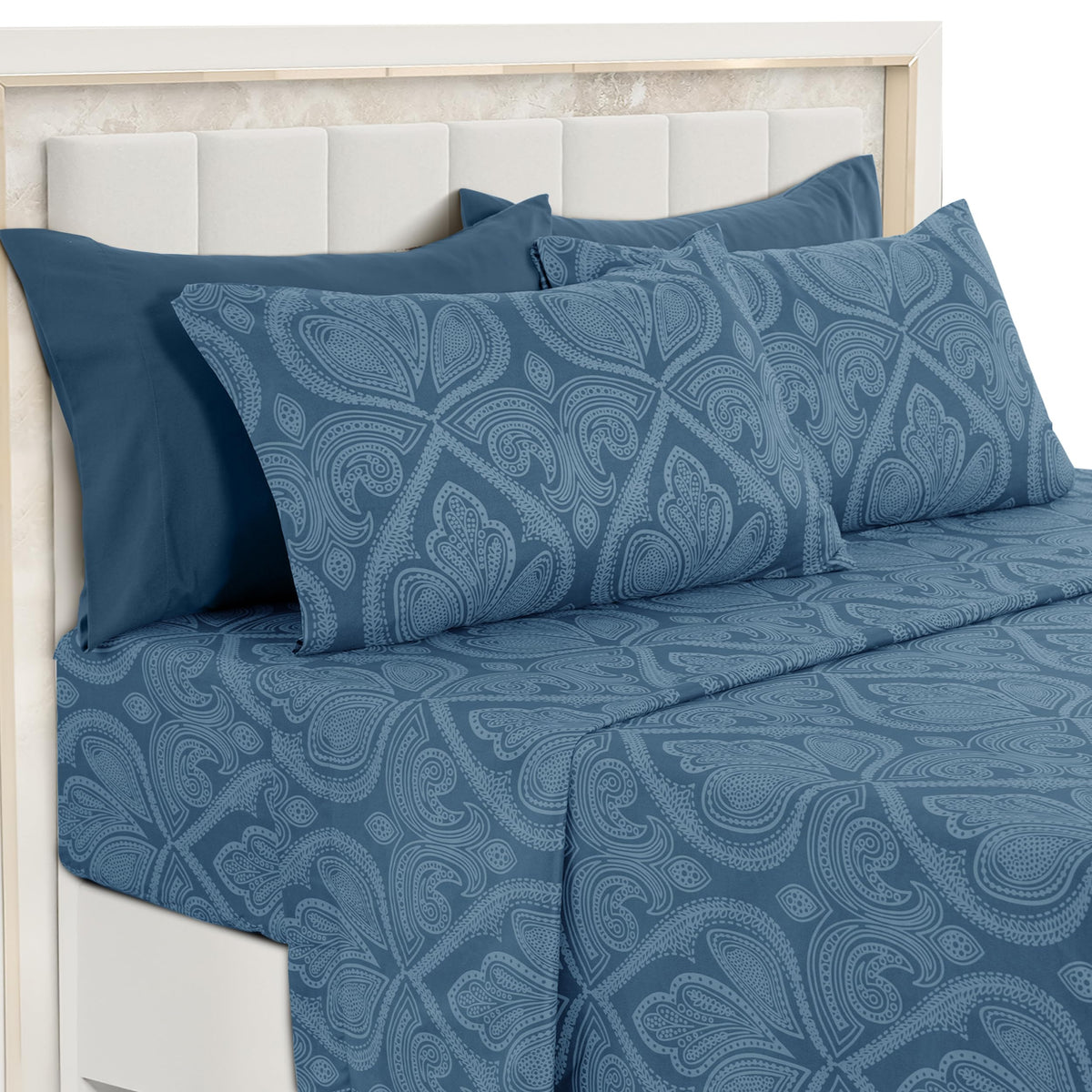 LDC Lux Decor Paisley queen sheet set in navy blue, ultra-soft microfiber for cozy sleep