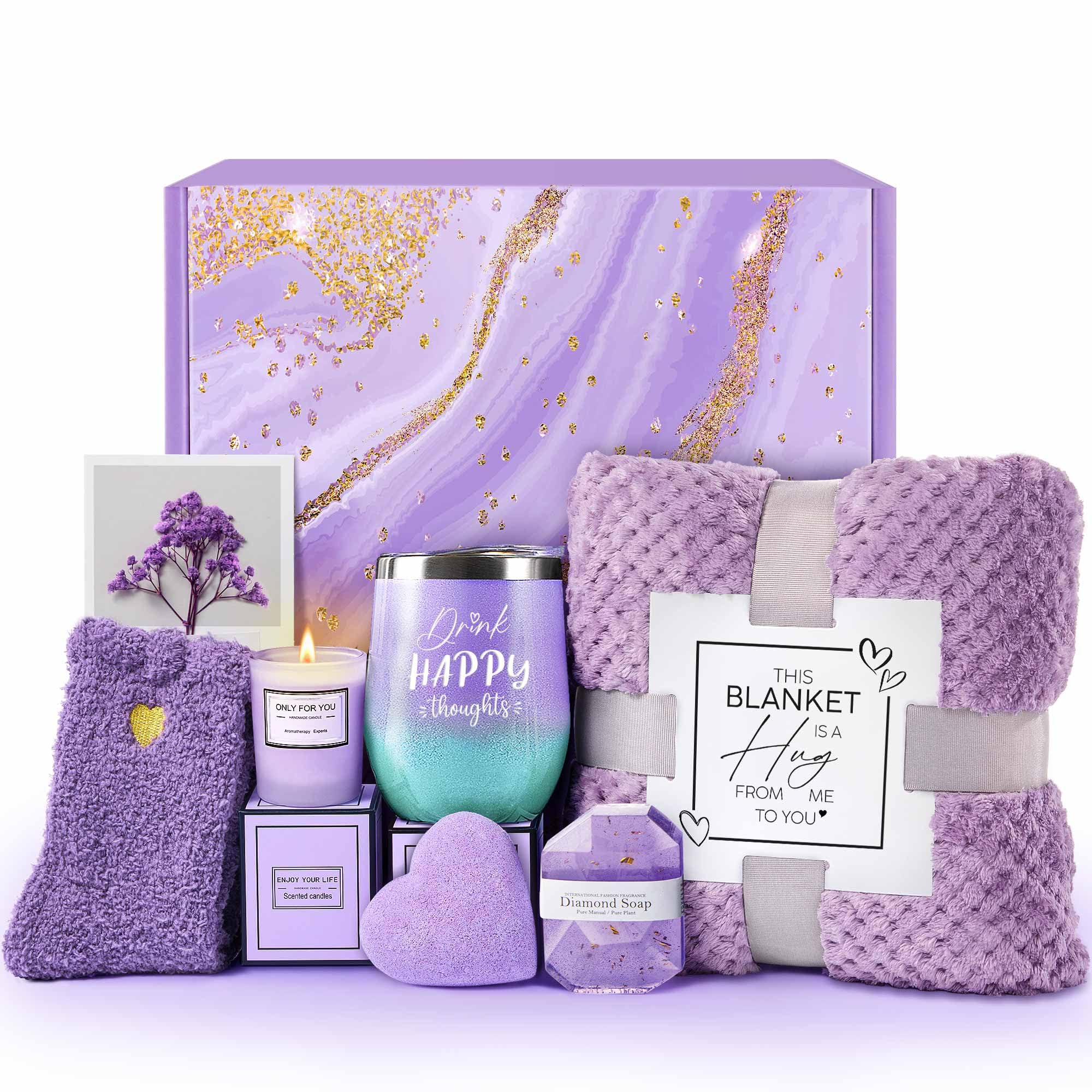 LE CADEAU lavender spa gift basket with candle and blanket for relaxation and comfort