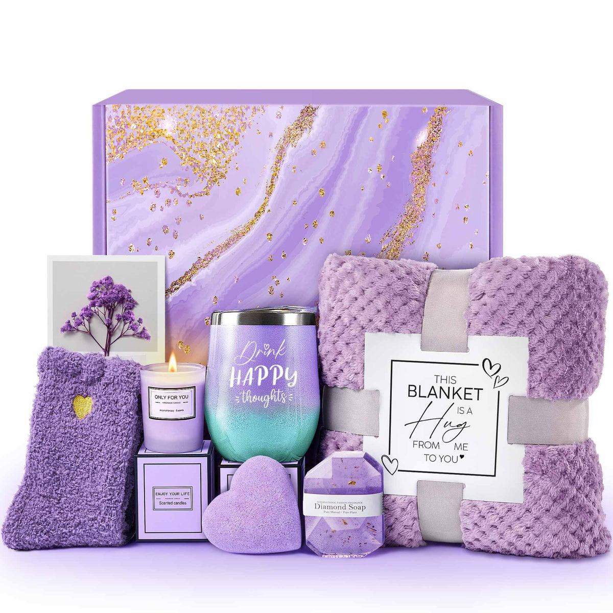 LE CADEAU lavender spa gift basket with candle and blanket for relaxation and comfort