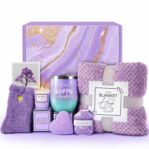 LE CADEAU lavender spa gift basket with candle and blanket for relaxation and comfort