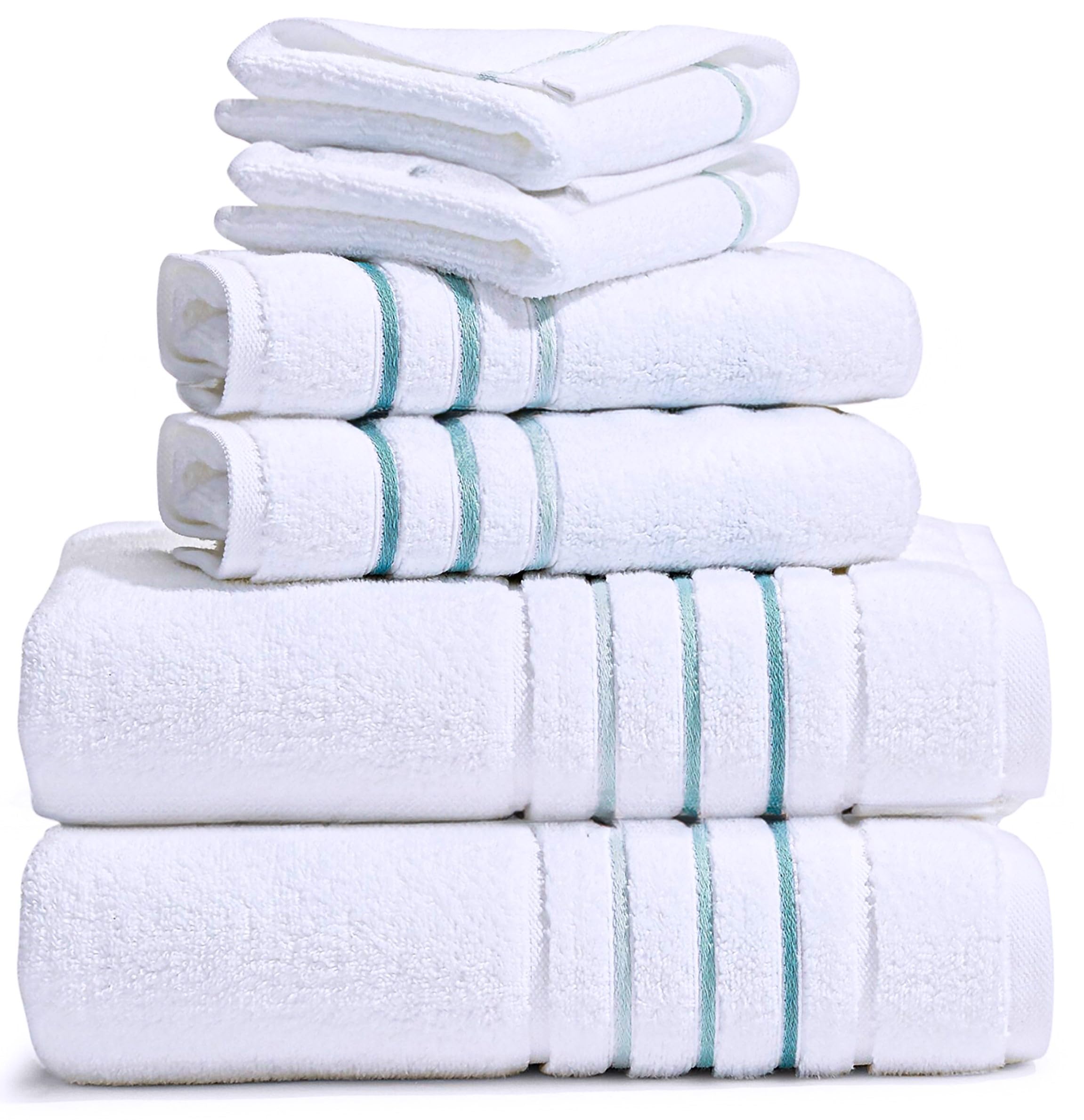 Le Fil Blanc bath towel set in white with green aqua accents, plush and absorbent.