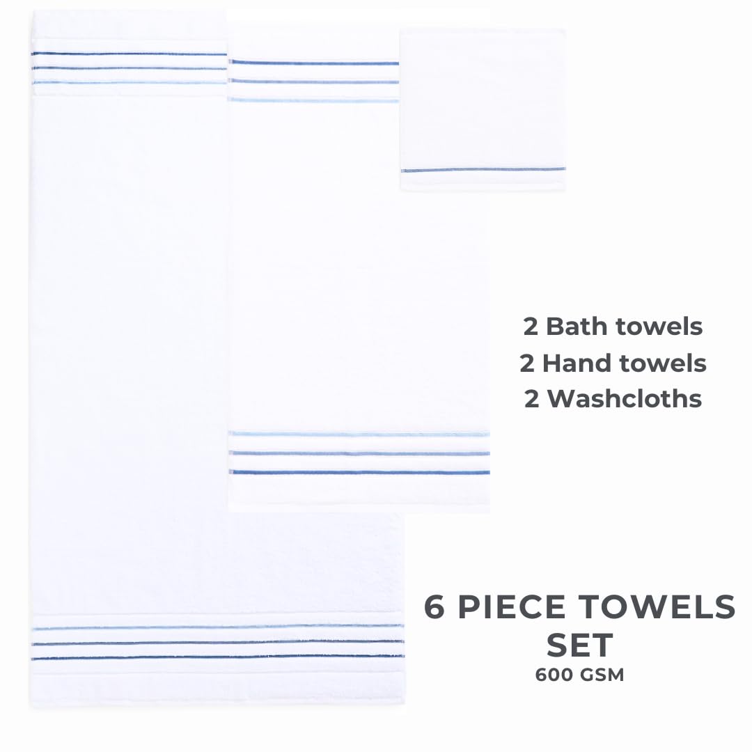 Le fil blanc luxury bathroom setting shows white with azure stripe detail.