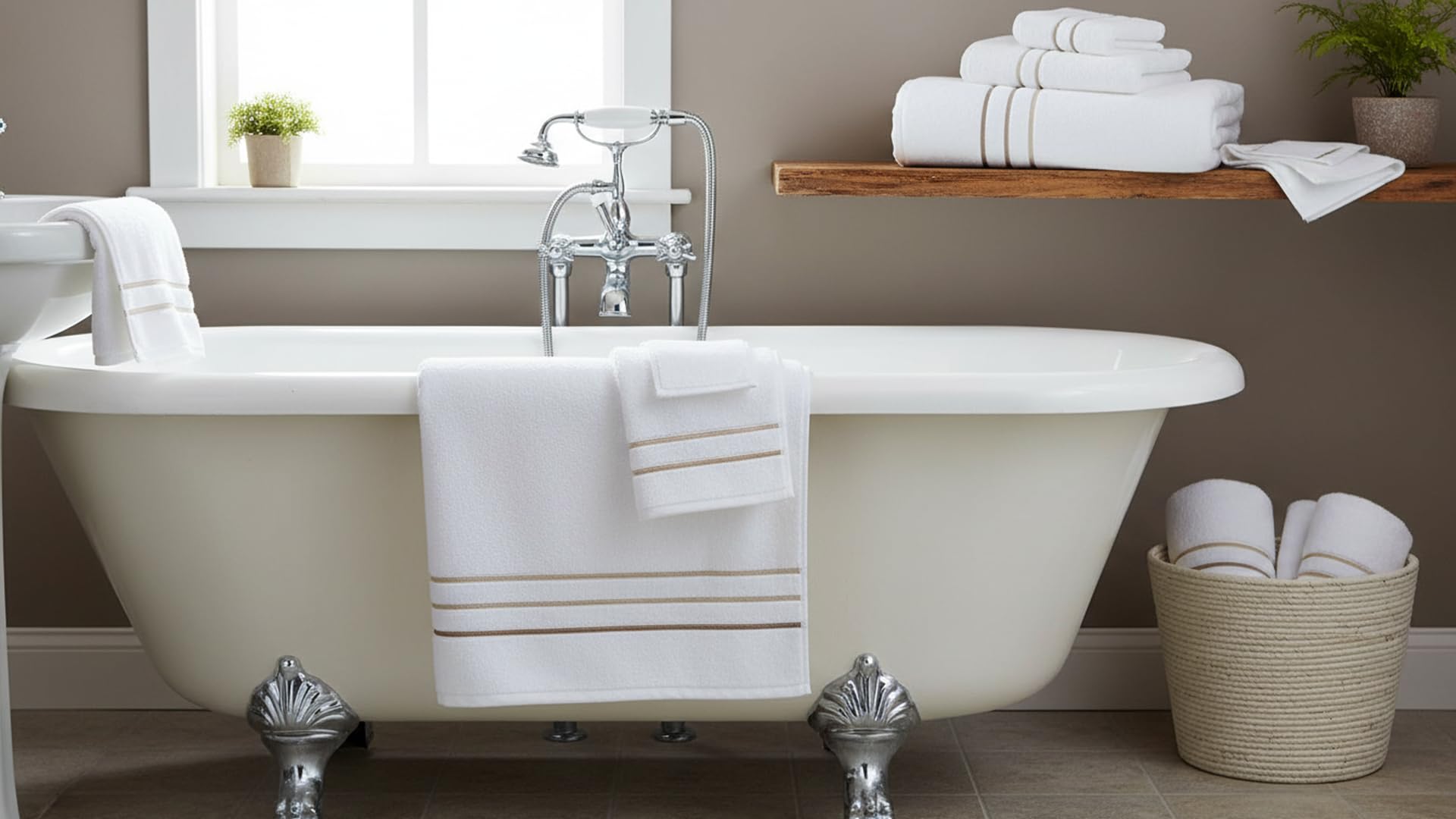 Le fil blanc complete towel set stacked in a bathroom, ready for daily use.