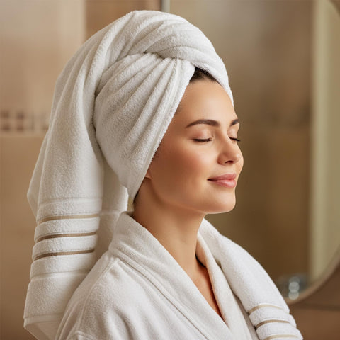 Le fil blanc hotel spa quality towels draped on chair, luxe bathroom decor.