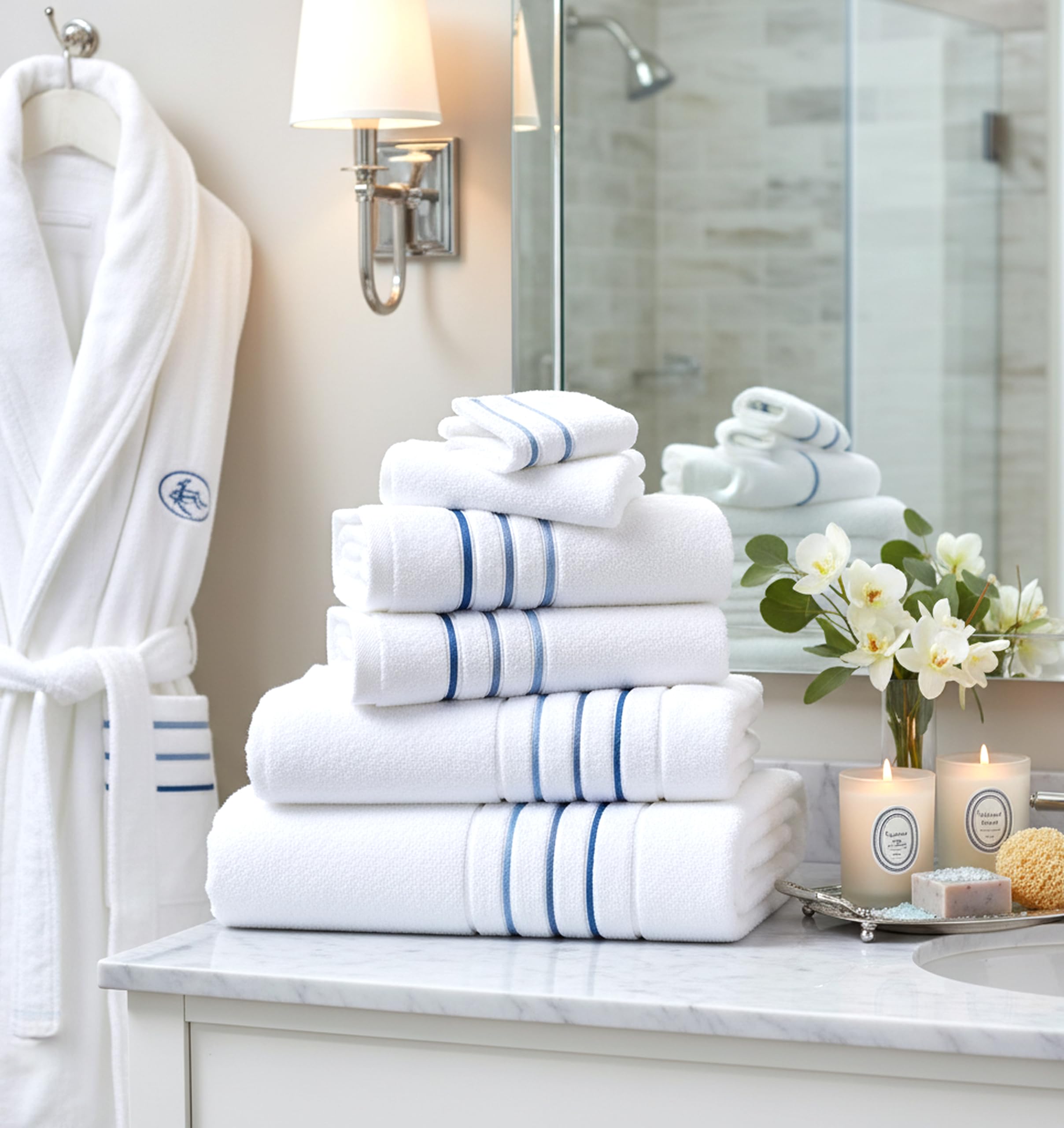 Le fil blanc washcloths and bath towels coordinated, ideal for guest rooms and Airbnb.