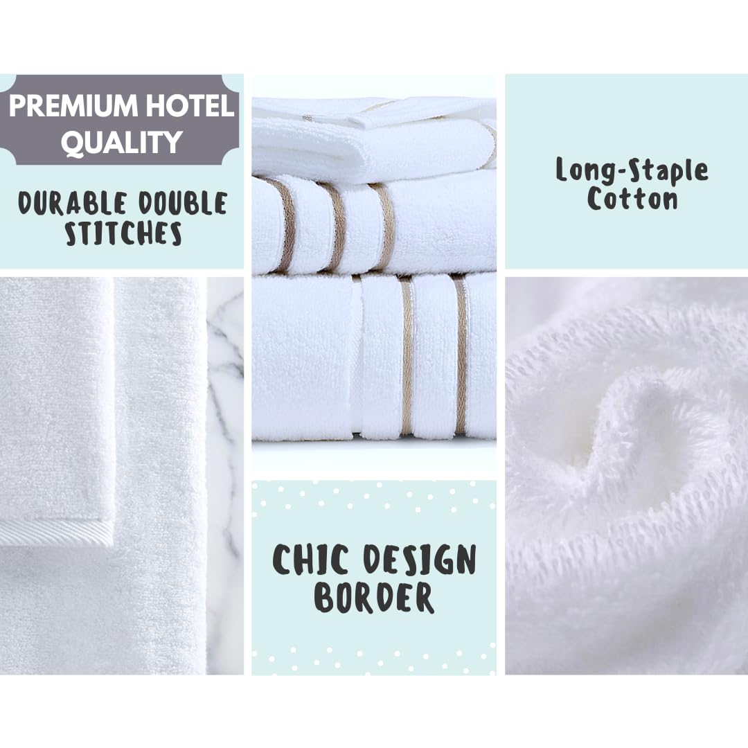 Le fil blanc white taupe stripe towels showcased, modern bathroom styling and timeless elegance.