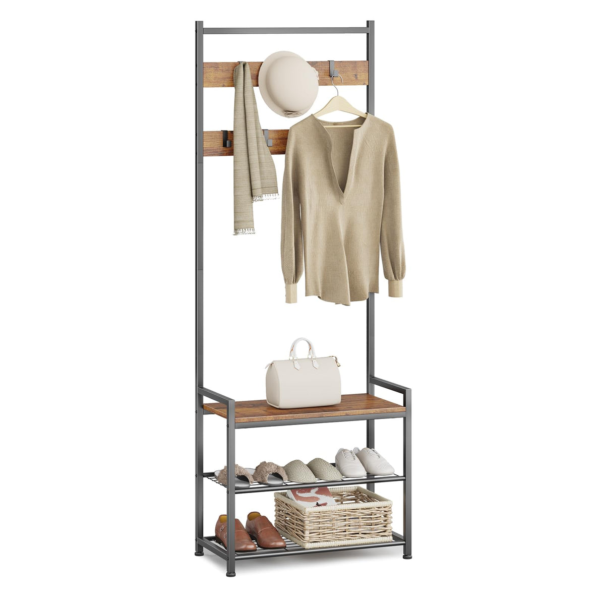 Leadpro coat rack hall tree with shoe storage in rustic brown keeps entryway organized.