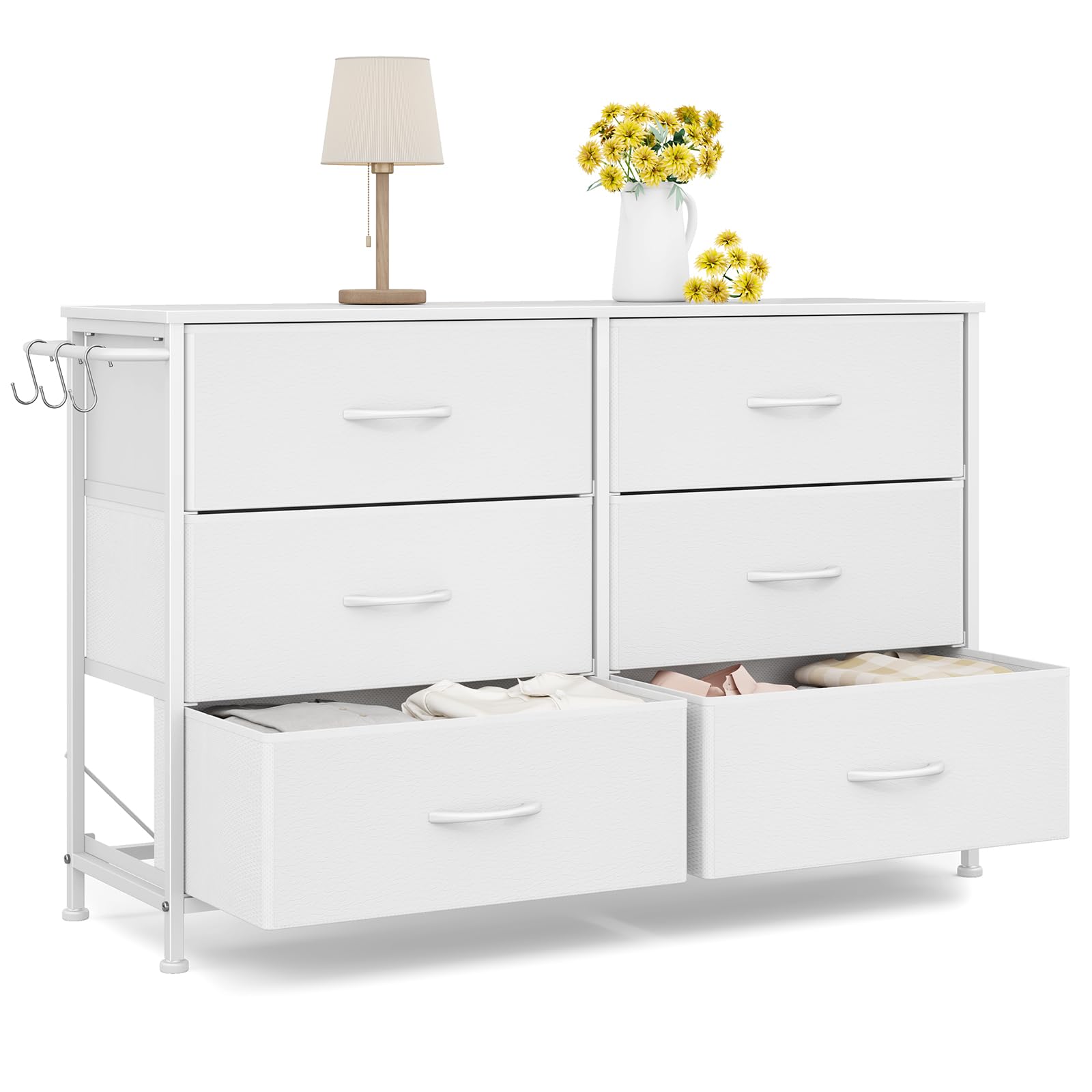 Leadpro wide drawer dresser with white top offers spacious storage for clothing and essentials.