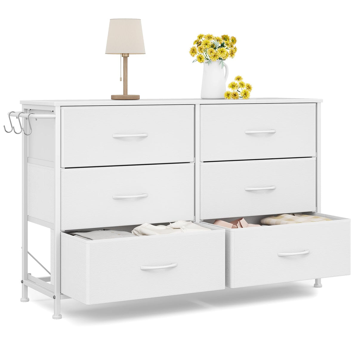 Leadpro wide drawer dresser with white top offers spacious storage for clothing and essentials.