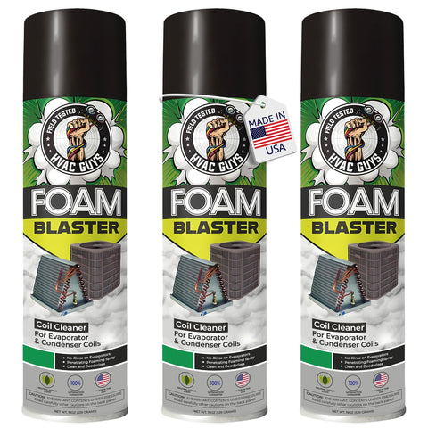 Leak Saver Foam Blaster 3-pack bottles show professional coil cleaning in action