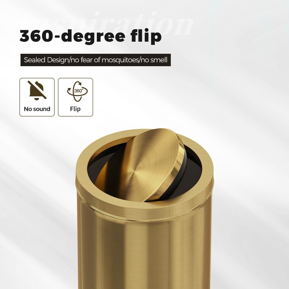 LEASYLIFE gold trash can swing lid provides hands-free disposal and odor control