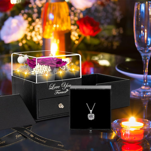 Lebana I Love You necklace in 100 languages inside the rose display.