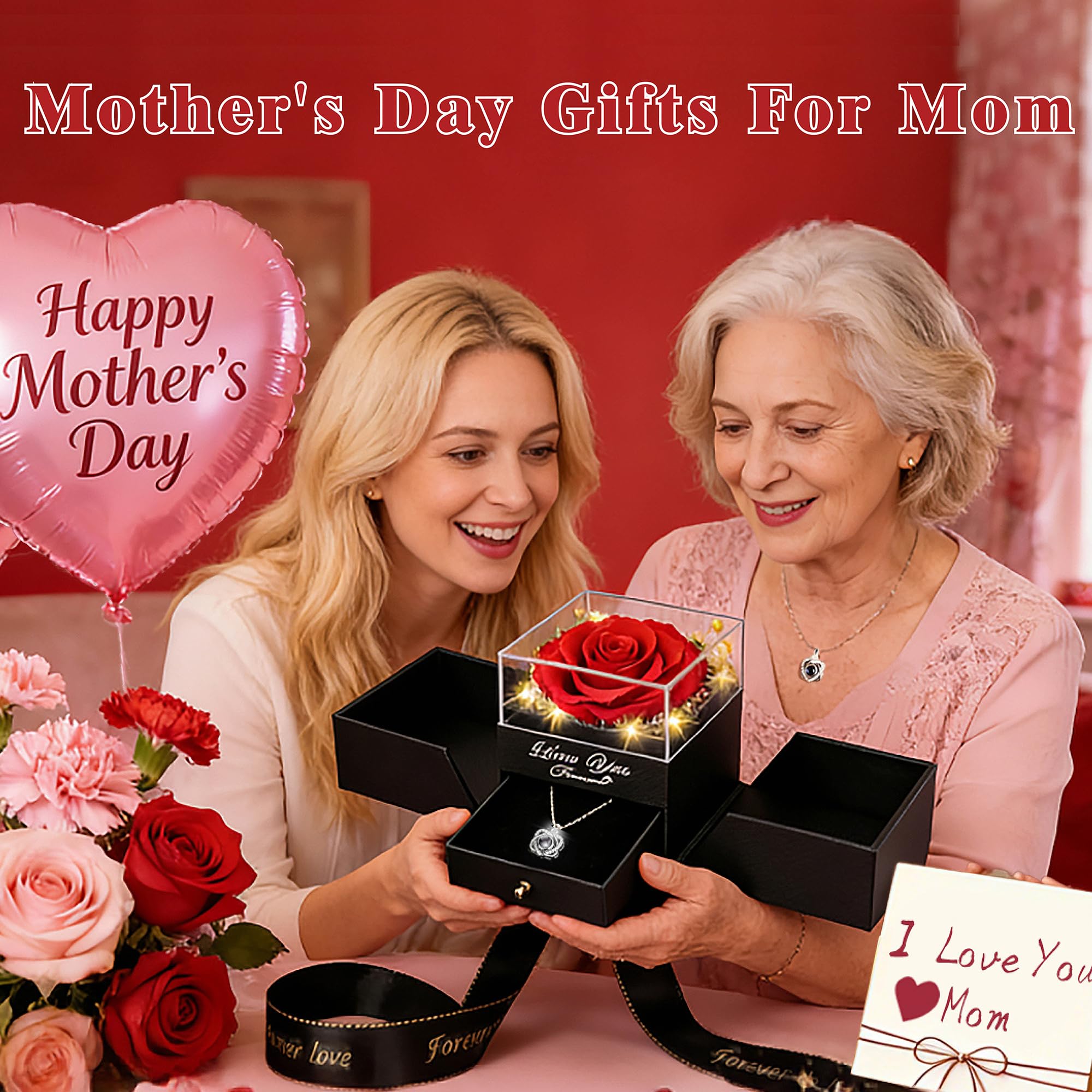 Lebana preserved rose close-up showing I LOVE YOU necklace inside, ideal romantic surprise