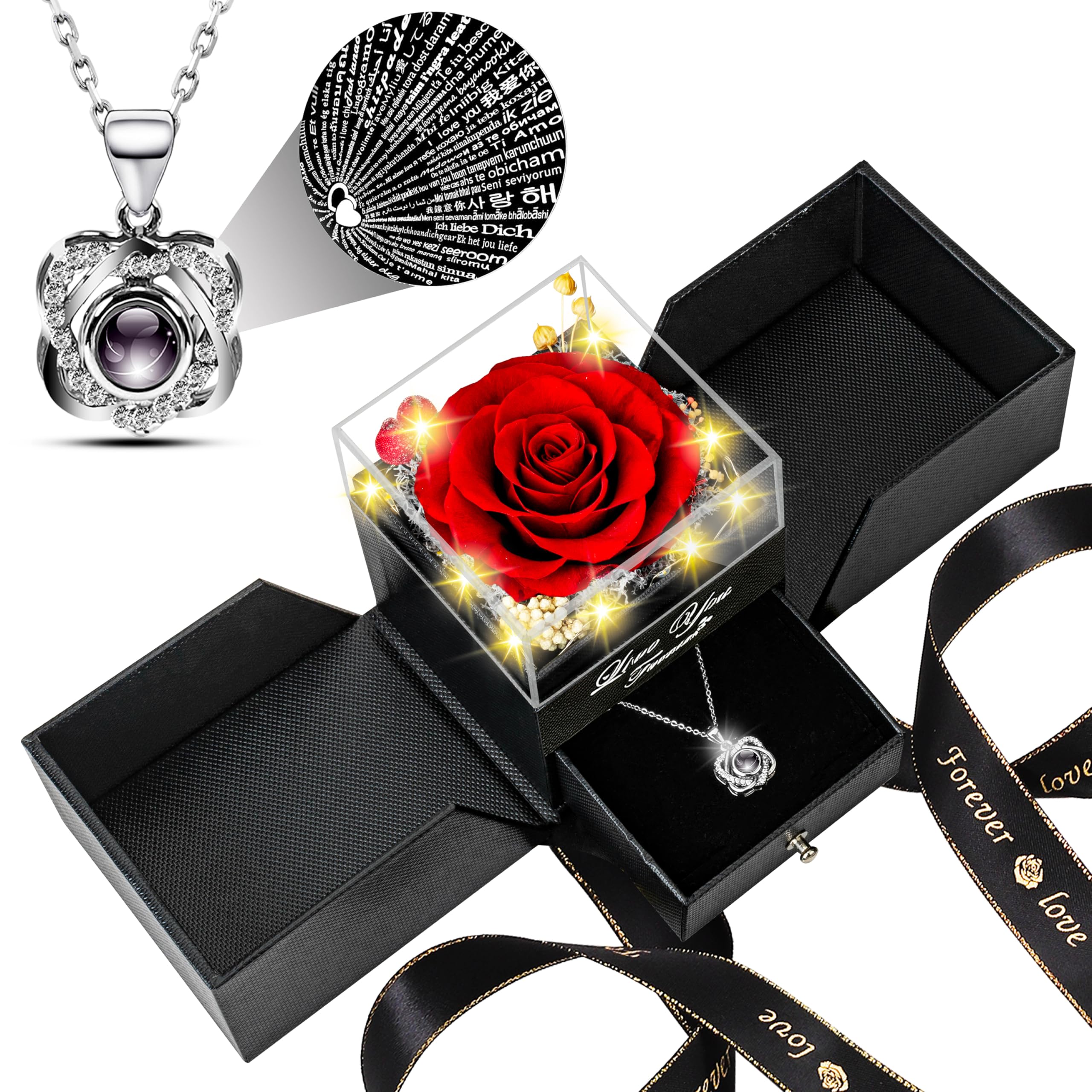 Lebana preserved rose with double-heart necklace in gift box, a timeless keepsake
