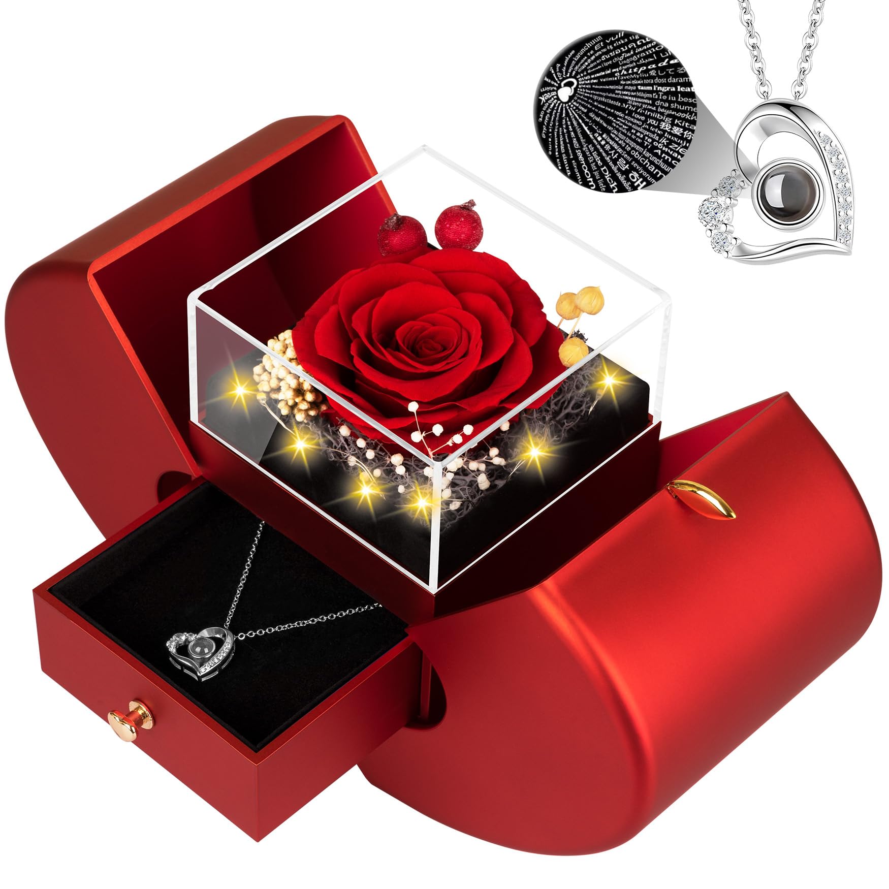 Lebana preserved rose necklace with I Love You in 100 languages, timeless gift for her.