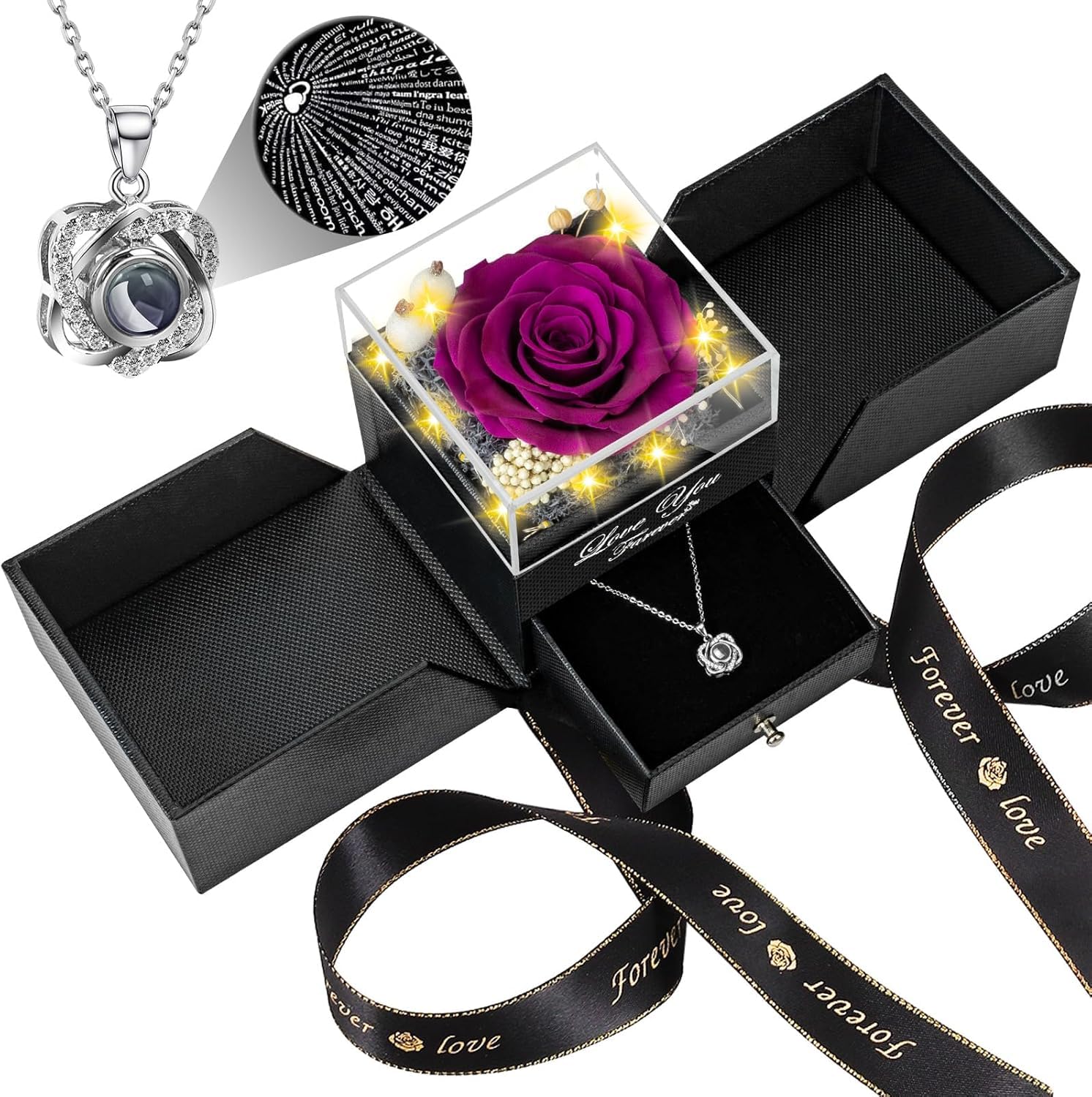 Lebana preserved purple rose with necklace, an elegant long-lasting gift idea.