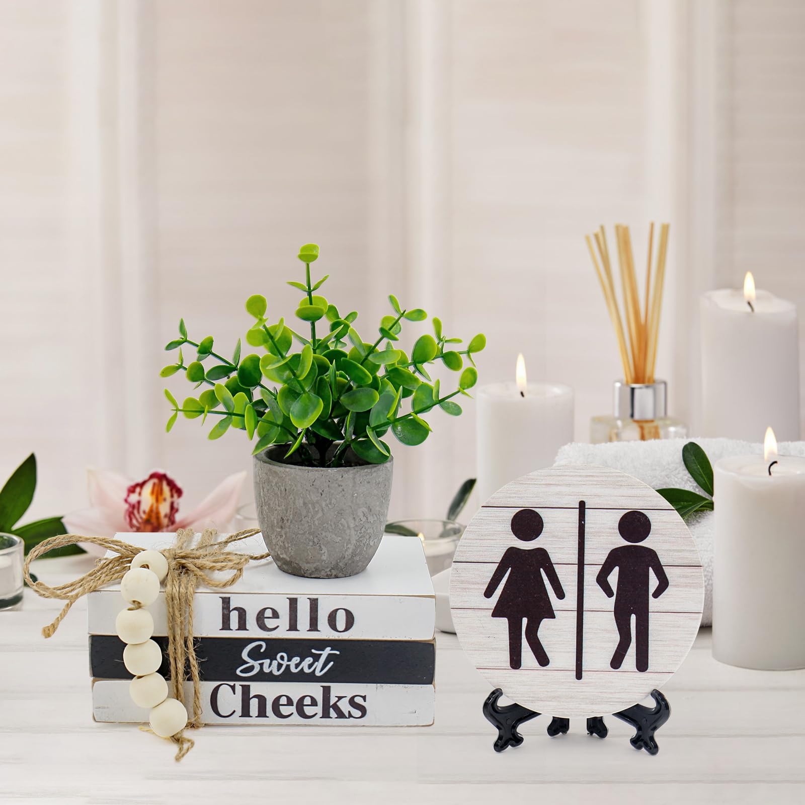 Lebsitey easel display stand showcases the signs on a bathroom counter.